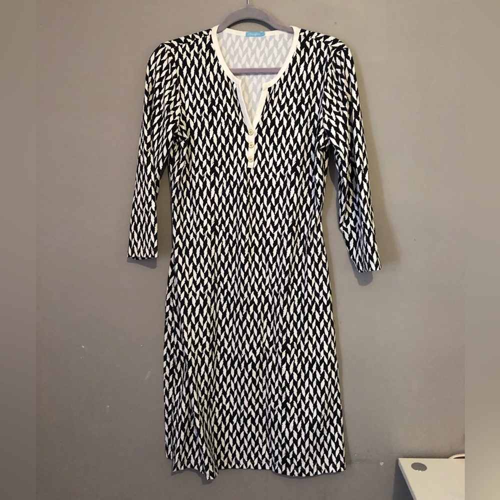 J.MCLAUGHLIN Dress 3/4 Sleeve White Black Catalina Jersey fabric Sz S vacation